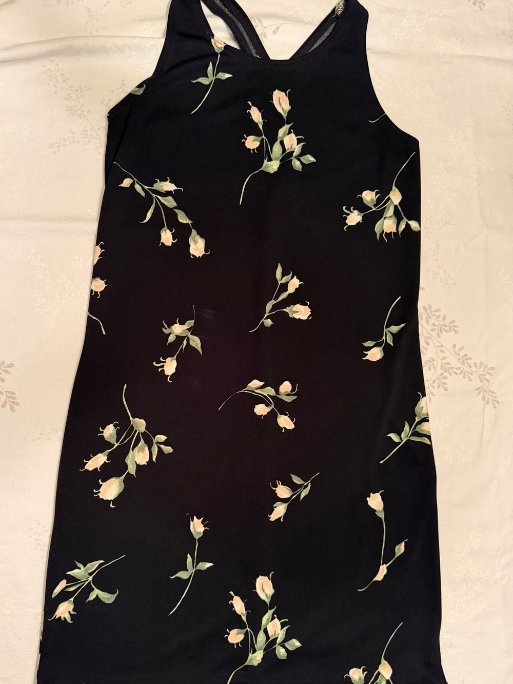 Black Floral Slip Dress with Pale Pink Rosebuds